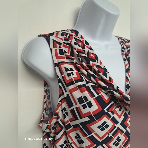 Chaps Top L Cowlneck Slinky Stretch Knit Sleeveless Flowy Red Blue White - Picture 2 of 5